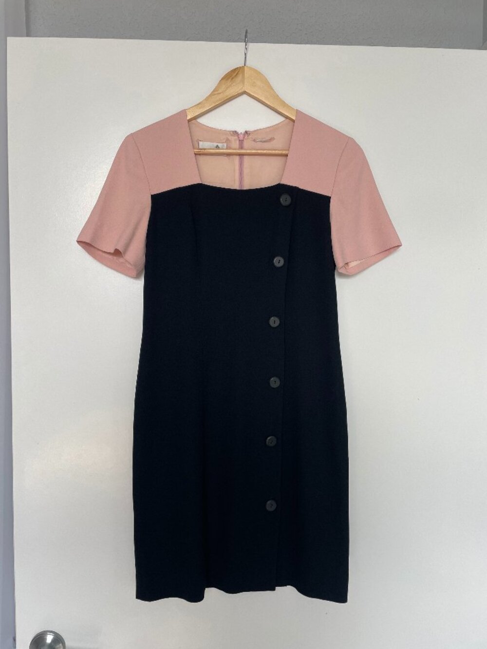 Vintage Liz Claiborne Pink Black Colorblock Sheath Dress Square Neck